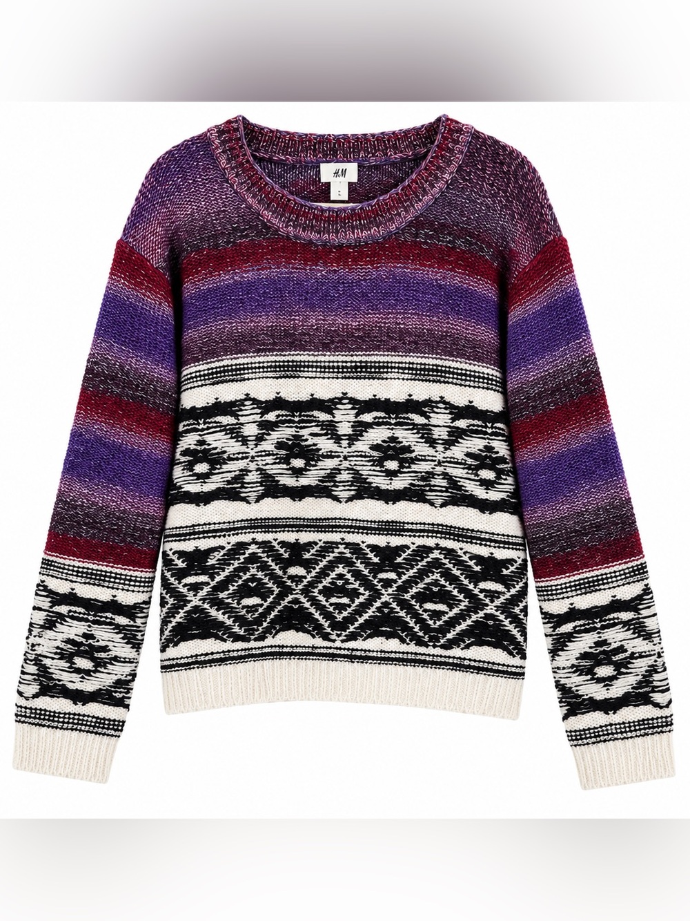 Hinge Wool Blend Fair Isle Geometric Knit Sweater Purple Burgundy L